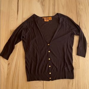 Tory Burch Brown V Neck Cardigan with Logo Buttons